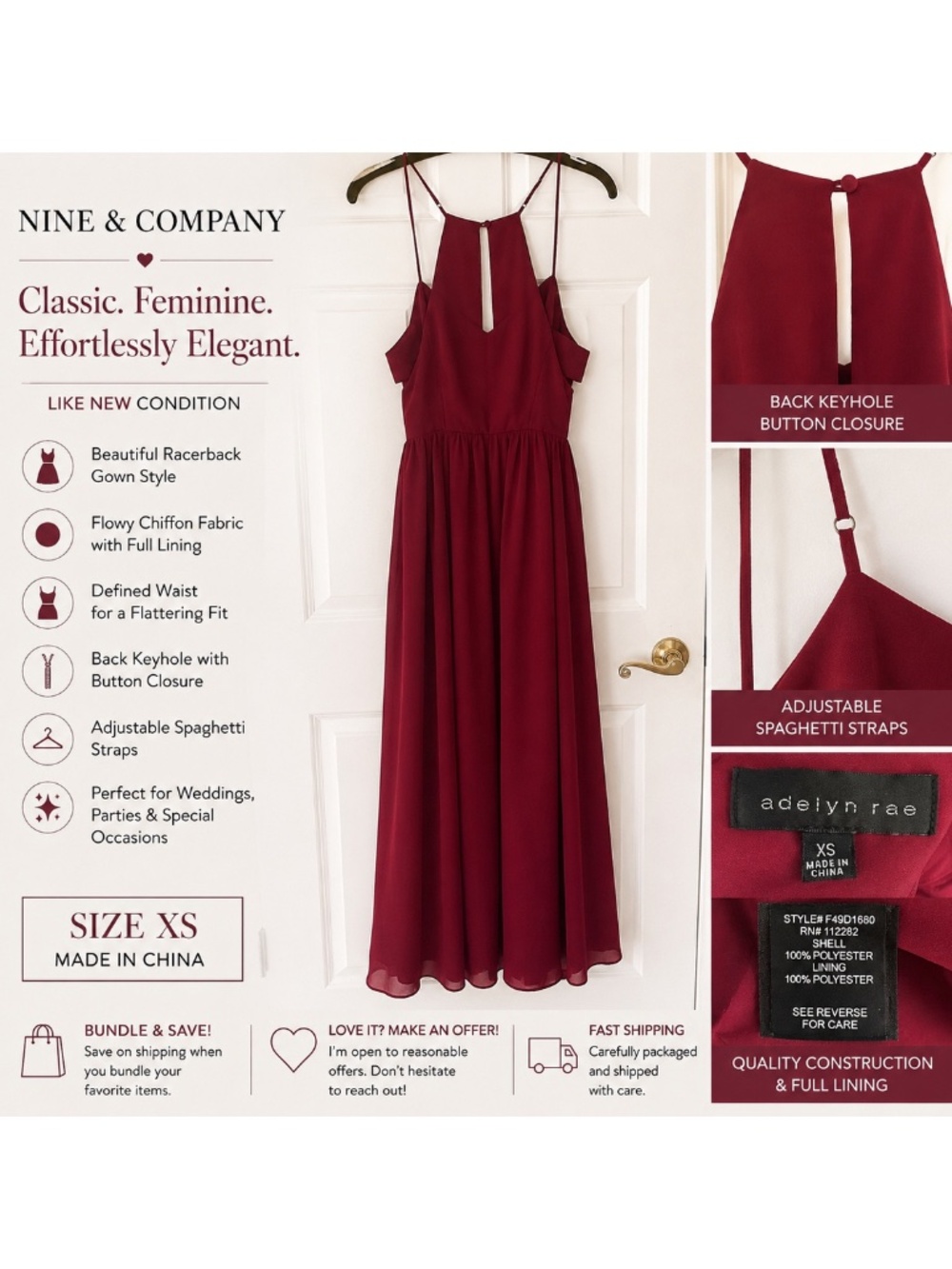 Adelyn Rae Burgundy Chiffon Maxi Dress XS Racerback Keyhole Formal Gown